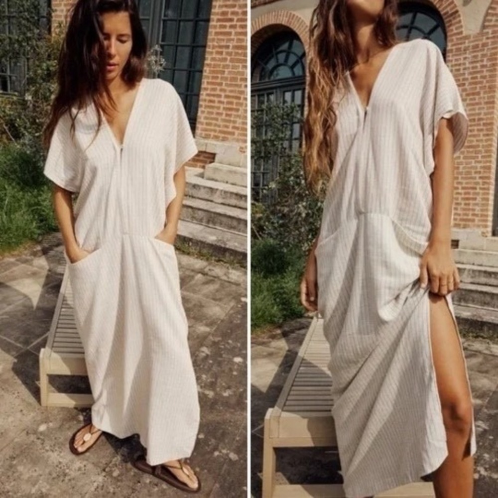 Zara Limited Edition Linen Blend Cream/Black‎ Striped Kaftan Maxi Dress Small